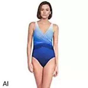 Lands End SlenderSuit Swimsuit Womens 8 One Piece Ombre Blue Ruched Surplice NWT